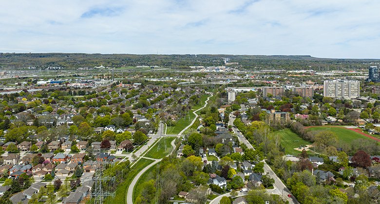 Burlington landscape featuring neighbourhoods and walking path